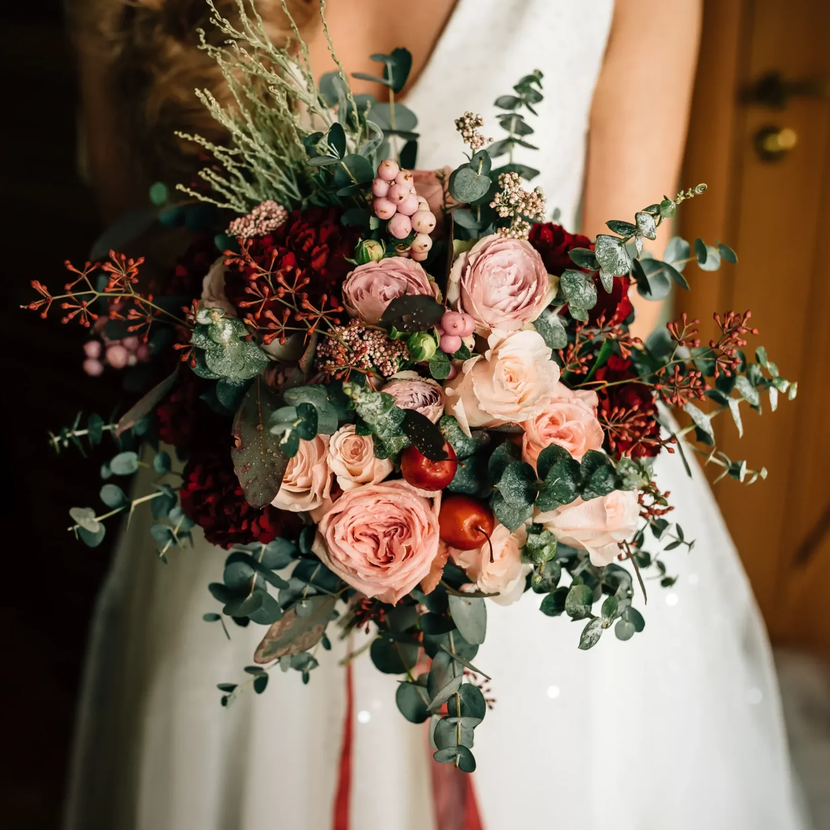 Primo piano sul bouquet di una sposa il quale é formato da fiori sulle tonalità del rosa e del rosso.